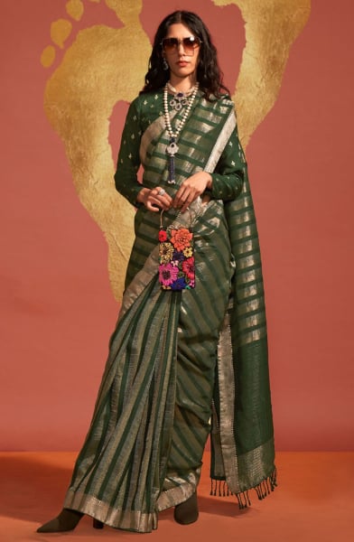 Forest Green Pure Viscose Handloom Weaving Saree