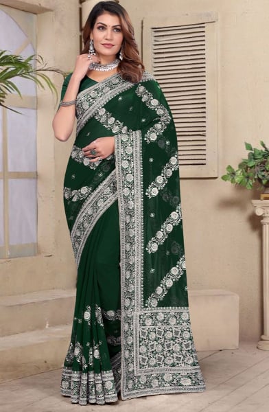 Forest Green Resham Embroidered Georgette Saree