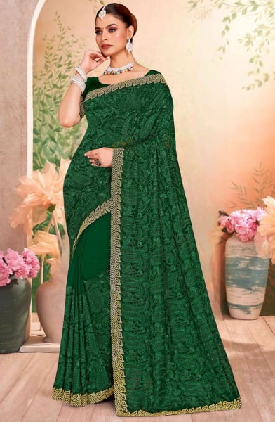Forest Green Resham Embroidered Georgette Saree
