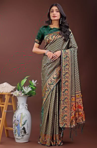 Forest Green Silk Saree with Jacquard Work
