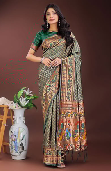 Forest Green Silk Saree with Jacquard Work