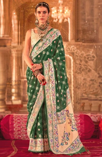 Forest Green Viscose Silk Saree with Paithani Border