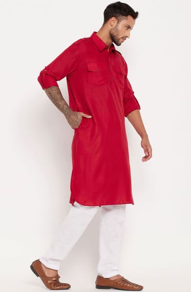 Fuchsia Cotton Blend Pathani Kurta Set