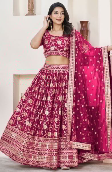 Fuchsia Dola Jacquard Lehenga Choli with Net Dupatta