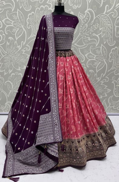 Gajari Pink Embellished Georgette Satin Lehenga Choli