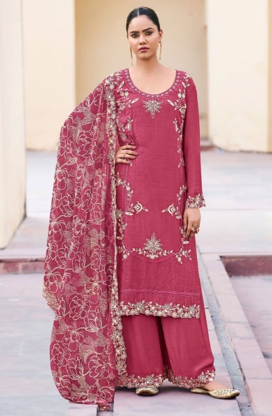 Gajari Pink Embroidered Chinnon Palazzo Kameez