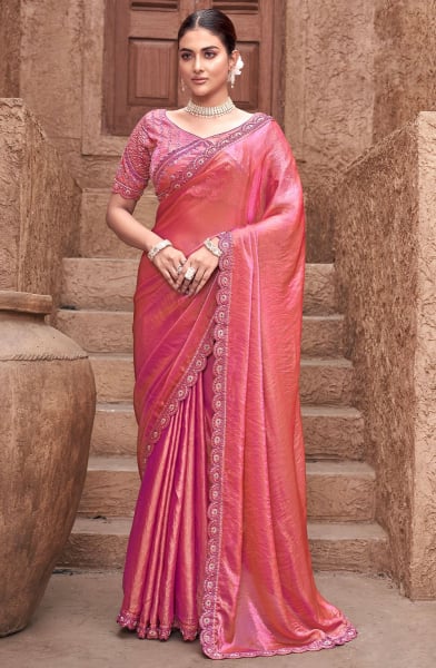 Gajari Pink Embroidered Satin Silk Designer Saree