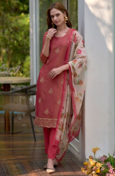 Gajari Pink Embroidered Tissue Readymade Pant Kameez