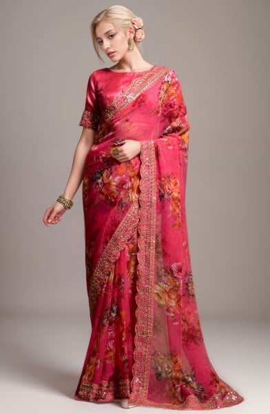 Gajari Pink Floral Print Georgette Saree