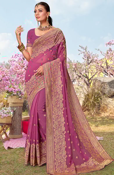 Gajari Pink Georgette Embroidered Saree