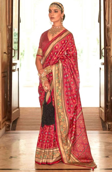 Gajari Pink Gold Print Silk Saree for Festival