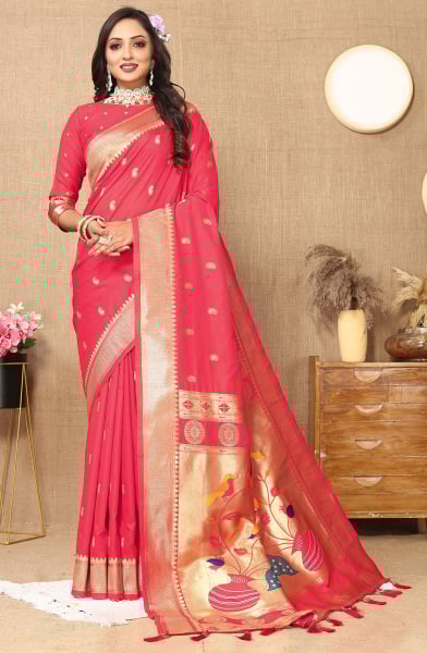 Gajari Pink Meenakari Woven Paithani Silk Saree