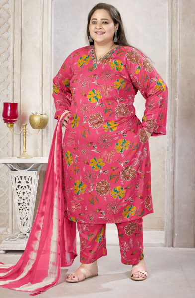 Gajari Pink Printed Rayon Readymade Plus Size Suit