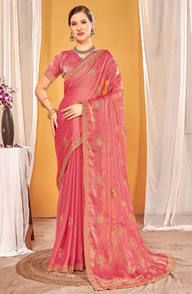Gajari Pink Silk Embroidered Saree for Party