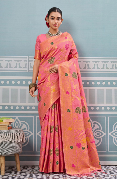Gajari Pink Silk Woven Saree for Festival