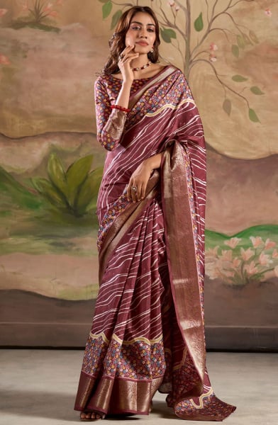 Garnet Brown Printed Dola Silk Saree