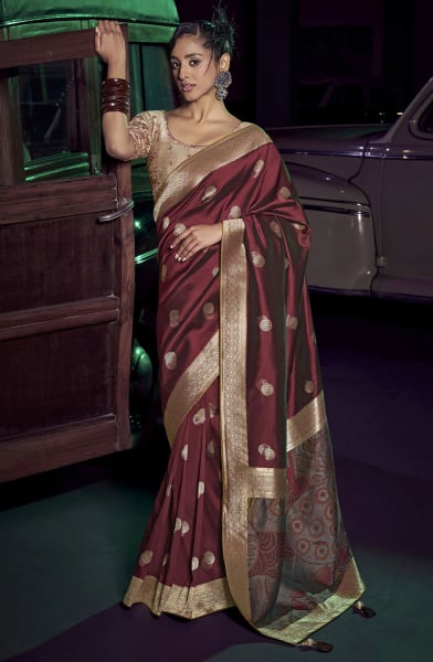Garnet Brown Zari Woven Silk Saree