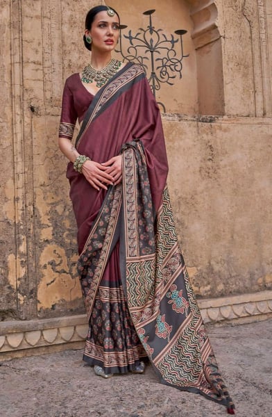 Garnet Maroon Ajrakh Print Viscose Silk Saree