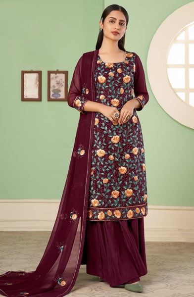 Garnet Maroon Embroidered Georgette Designer Sarara Kameez Suit