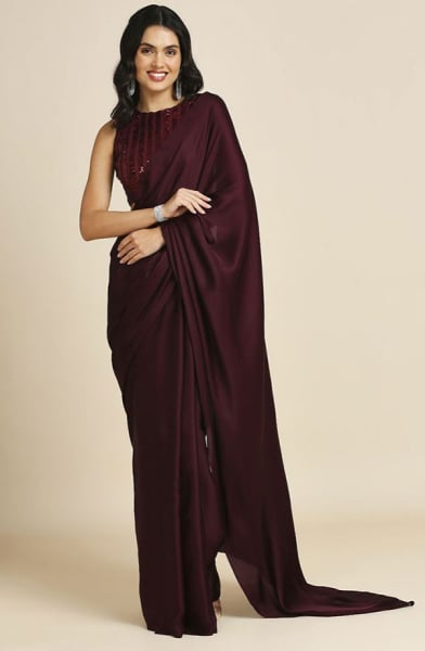 Garnet Maroon Silk Saree with Sequins Embroidered Blouse