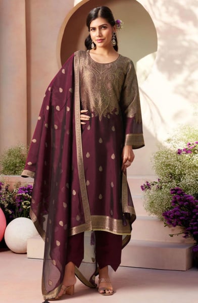 Garnet Maroon Woven Pure Silk Pant Kameez