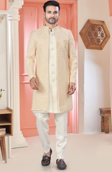 Cream Embroidered Art Silk Designer Indo Western