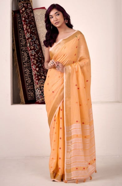 Golden Apricot Printed Linen Silk Saree