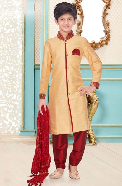 Golden Cream Cotton Linen Kids Sherwani for Wedding