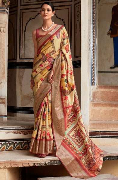 Golden Cream Dola Viscose Partywear Saree