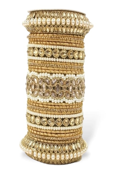 Golden Designer Bangle Set with Moti and Stones