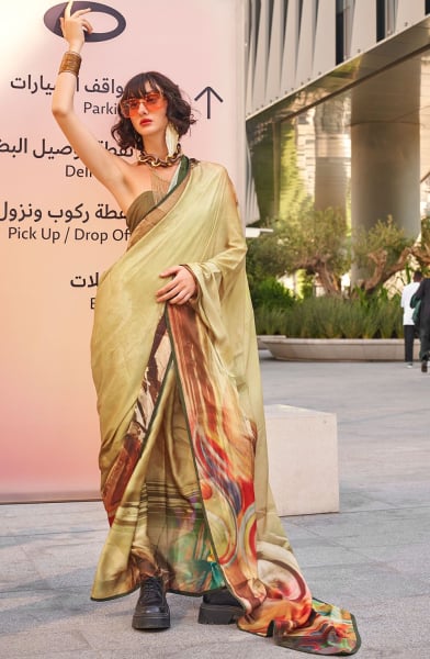 Golden Digital Print Swiss Satin Saree