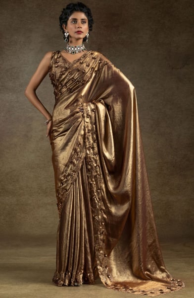 Golden Embellished Satin Silk Saree