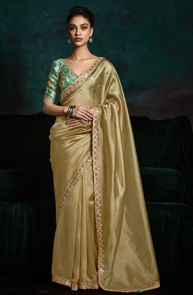 Golden Embroidered Designer Saree for Wedding