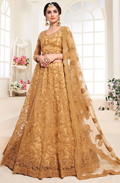 Golden Embroidered Net Designer Bridal Lehenga Choli