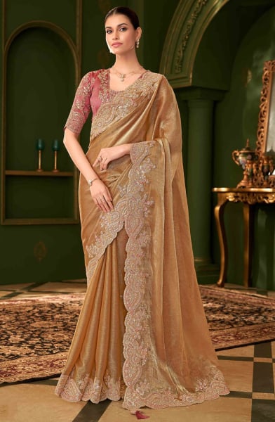 Golden Embroidered Satin Chiffon Silk Saree