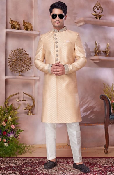 Golden Jacquard Banarasi Silk Designer Sherwani