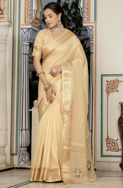Golden Khatli Work Linen Tissue Saree
