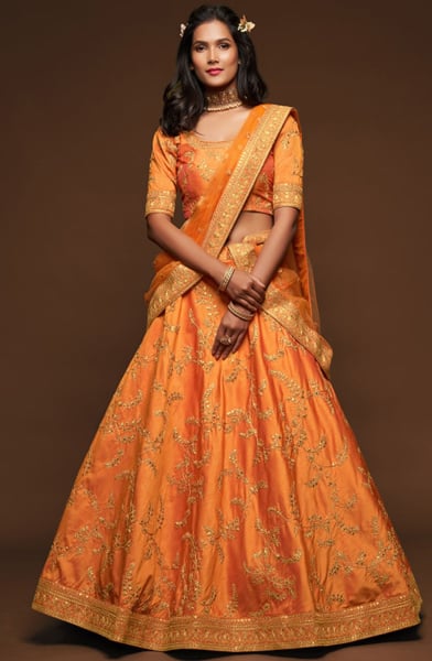 Golden Orange Embroidered Art Silk Designer Lehenga Choli