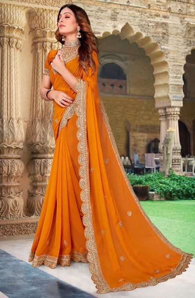 Golden Orange Embroidered Georgette Saree