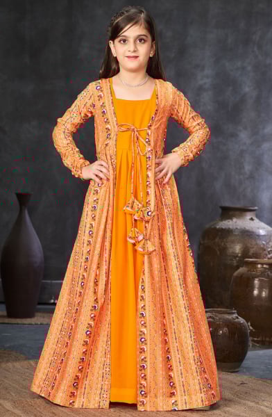 Golden Orange Kids Georgette Gown with Jacket