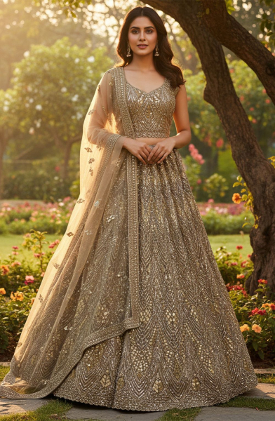 Golden Sequins Embroidered Net Bridal Lehenga Choli