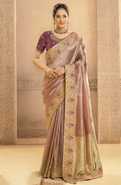 Golden Wine Heavy Embroidered Designer Saree