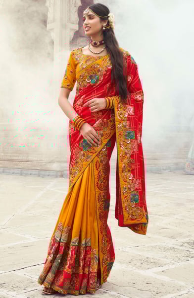 Golden Yellow and Hot Red Embroidered Silk Designer Saree