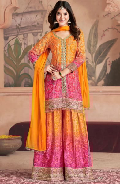 Golden Yellow and Rani Pink Embroidered Chinnon Palazzo Kameez