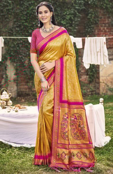Golden Yellow Banarasi Silk Woven Work Saree