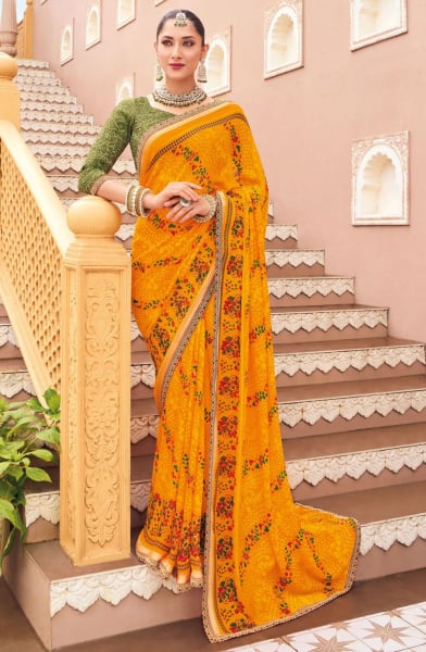 Golden Yellow Bandhani Print Georgette Chiffon Saree