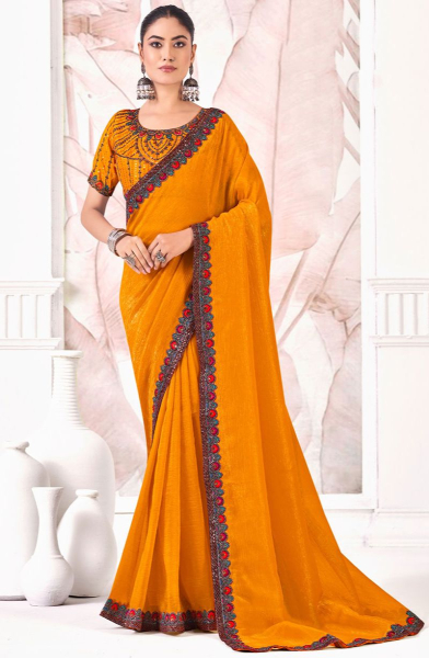 Golden Yellow Chiffon Saree with Embroidered Blouse