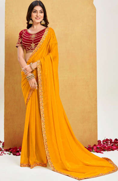 Golden Yellow Chiffon Saree with Embroidered Blouse