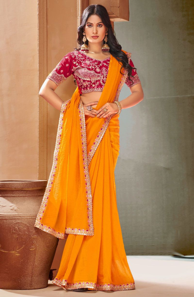 Golden Yellow Chiffon Saree with Embroidered Blouse