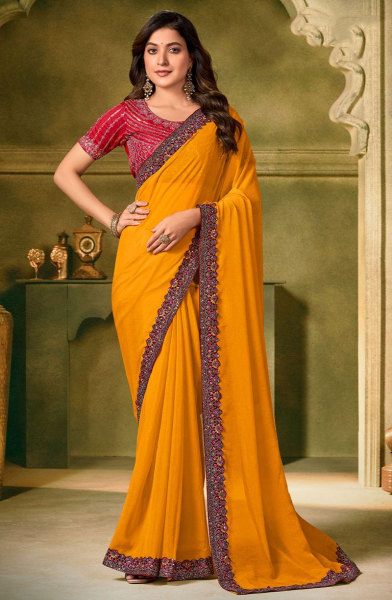 Golden Yellow Chiffon Saree with Embroidered Blouse